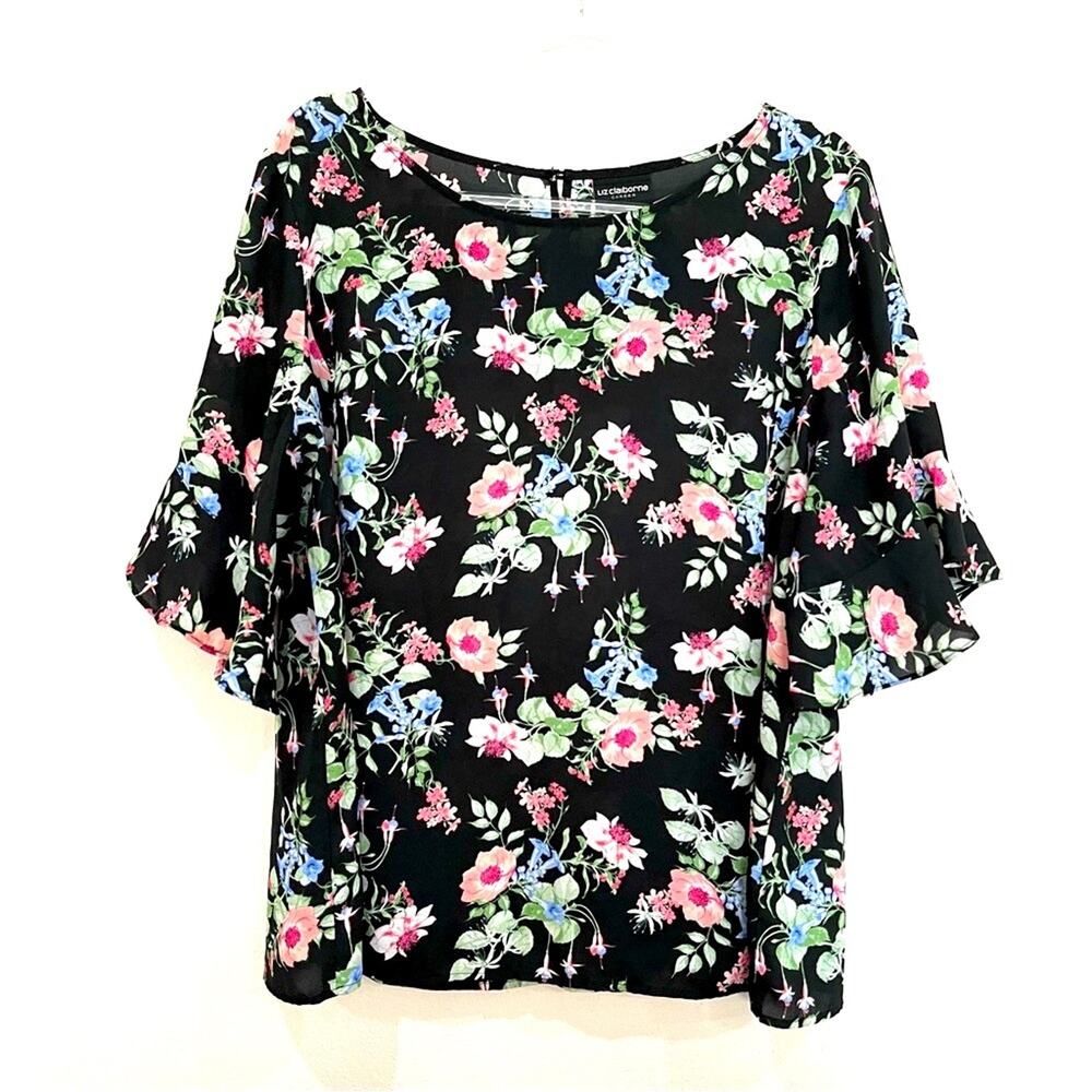 Liz Claiborne Career Black w/ Pastel Floral Print Ruffle Sleeve Blouse Top - XXL